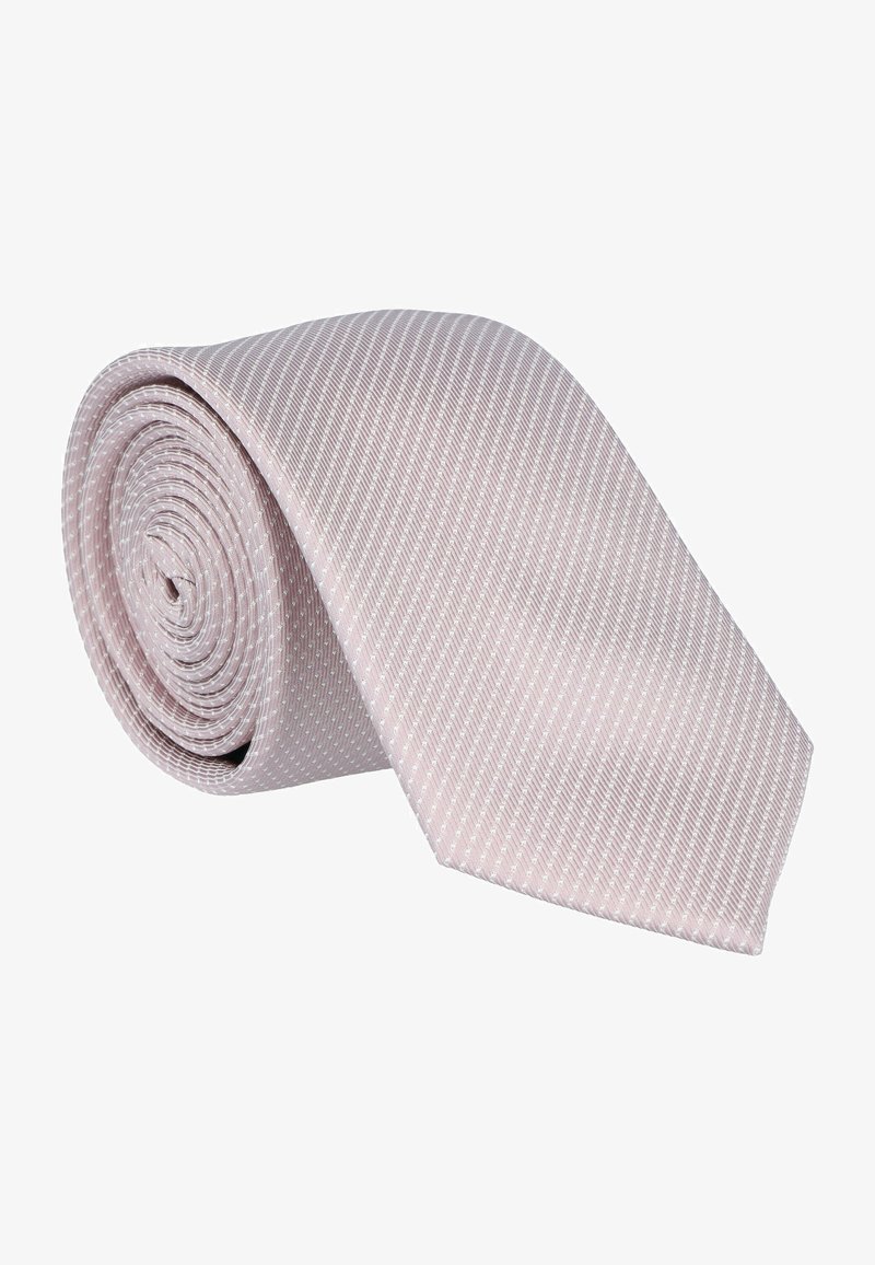 Light pink tie rolled up, featuring a subtle geometric pattern in white. Smooth texture, classic design, tapering to a pointed end.
