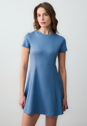 Short-sleeve, fitted A-line dress in blue fabric, featuring a round neckline and smooth texture, with a flared skirt falling above the knee.