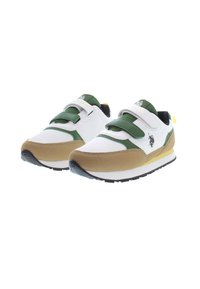 White and green sneakers with velcro straps, featuring brown suede accents and a textured black sole, highlighted by a logo on the side.