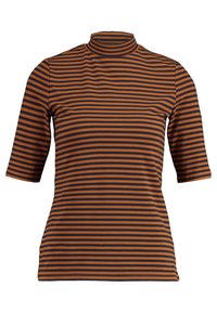 Top a rayas marrón y marino con cuello alto, mangas cortas y silueta ajustada. Tejido suave con una textura elástica.