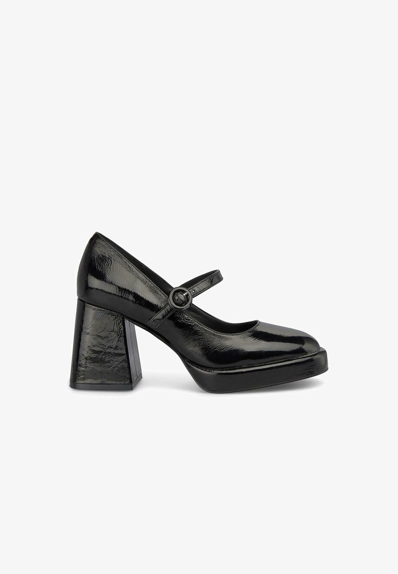 Black patent leather Mary Jane heels with a square toe, a buckle strap, and a chunky block heel. Glossy finish with textured accents.