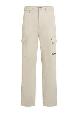 Beiget suorat cargo-housut, valmistettu puuvillasta. Housuissa on kaksi sivutaskua ja etuosassa hillitty logopainatus.