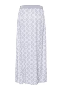 Witte rok met een grijs cirkelpatroon, voorzien van een elastische grijze tailleband. De stof is licht van gewicht en heeft een gladde textuur.