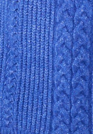 Tessuto blu lavorato a maglia con texture a coste e motivi intrecciati. Il materiale sembra morbido, con una consistenza leggermente pelosa.