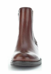 Bottine en cuir marron avec une finition lisse, bout arrondi, panneau latéral élastique et semelle en caoutchouc plate. Design épuré, sans embellissements.