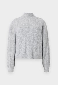 Pulover tricotat de culoare gri deschis, cu guler înalt, design scurt, model texturat și manșete cu nervuri. Material moale cu o croială largă.