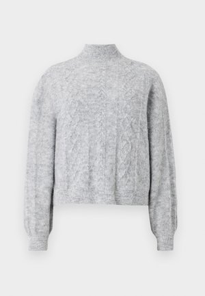 Lys grå strikket sweater med høj krave, cropped design, struktureret mønster og ribbede manchetter. Blødt stof med en løs pasform.