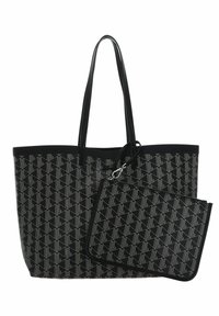 Sac fourre-tout noir avec un motif g�éométrique répétitif et une pochette zippée assortie. Fabriqué en matériau synthétique avec des poignées robustes.