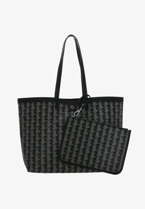 Sac fourre-tout noir avec un motif géométrique répétitif et une pochette zippée assortie. Fabriqué en matériau synthétique avec des poignées robustes.