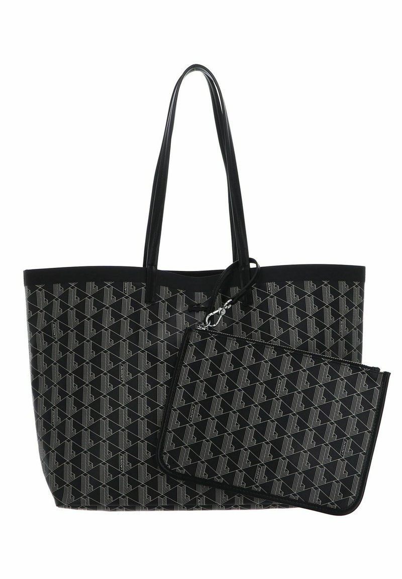 Sac fourre-tout noir avec un motif géométrique répétitif et une pochette zippée assortie. Fabriqué en matériau synthétique avec des poignées robustes.