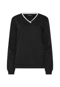 Sudadera negra con escote en V, ribetes blancos contrastantes, mangas largas y puños acanalados. Hecha de una tela suave y elástica.