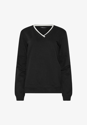 Czarna bluza z dekoltem w serek, kontrastowym białym wykończeniem, długimi rękawami i prążkowanymi mankietami. Wykonana z miękkiego, elastycznego materiału.