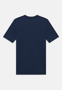 T-shirt à manches courtes bleu marine en coton doux, avec un col ras du cou et un dos uni sans embellissements supplémentaires.