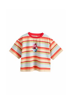 Krótki T-shirt z krótkim rękawem, czerwonym dekoltem, wielokolorowymi poziomymi paskami i centralną grafiką miski lodów.