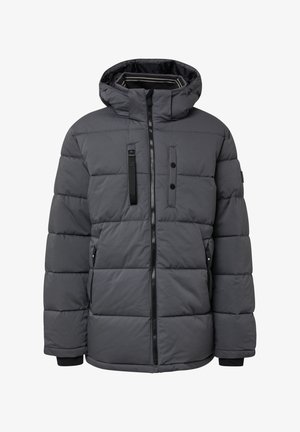 Dunkelgraue gepolsterte Winterjacke mit Kapuze, frontalem Reißverschluss, mehreren Reiß- und Knopfseitentaschen sowie gerippten Bündchen für kaltes Wetter.