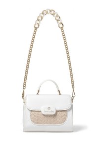 Borsa a tracolla in pelle bianca con un motivo intrecciato beige sul davanti. Dotata di una tracolla in catena dorata e di un manico superiore. Scomparto principale con chiusura a pattina.