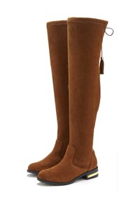 Knielange braune Wildlederstiefel mit flacher Sohle, akzentuiert durch ein goldfarbenes Hardware-Detail an der Ferse und einem Quasten-Detail am oberen Ende.