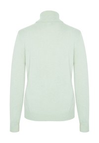 Pull vert clair avec un col montant, des manches longues, et un design texturé simple. Aucune motif visible ou détail matériel.