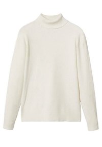 Weißer, gerippter Rollkragenpullover mit langen Ärmeln und lässigem Schnitt. Hergestellt aus weichem Material mit strukturierter Textur.