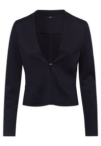 Blazer noir pour femme à manches longues, devant ouvert, sans boutons, deux poches latérales et longueur légèrement raccourcie.
