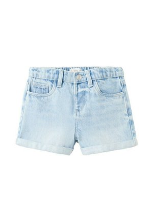 Lichtblauwe denimshorts met opgerolde zomen, knoopsluiting aan de voorkant, broekriemlussen en drie voorzakken.