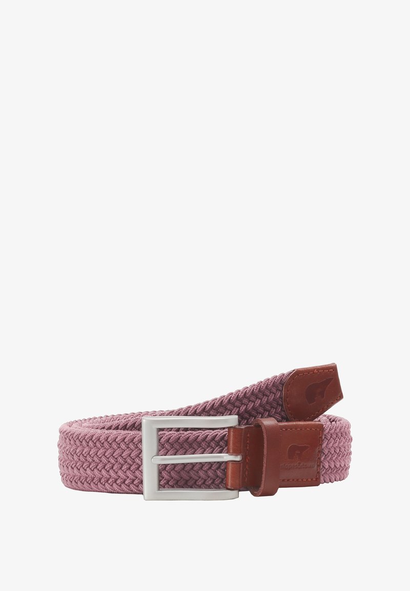 Gewebter Gürtel in sanftem Rosa mit geflochtenem Muster. Verfügt über eine silberne Metallschnalle und braune Lederdetails. Für den lässigen Look entworfen.