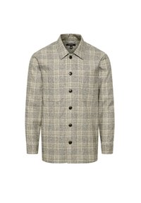 Jachetă din flanel cu carouri gri și bej, cu un închidere cu nasturi în față, guler și mâneci lungi. Fabricată dintr-un material texturat.