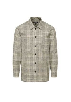Szara i beżowa koszula w kratę z zapinanym przodem, kołnierzem i długimi rękawami. Wykonana z fakturowanej tkaniny.