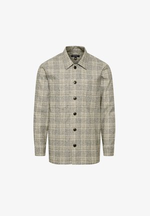 Szara i beżowa koszula w kratę z zapinanym przodem, kołnierzem i długimi rękawami. Wykonana z fakturowanej tkaniny.