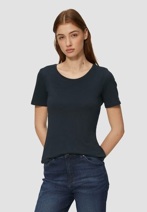 T-shirt corto a maniche corte blu navy scuro con scollatura rotonda, realizzato in tessuto liscio. Design semplice, taglio aderente e senza motivi visibili.