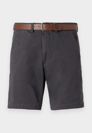Dunkelgraue Baumwollshorts mit einem braunen Ledergürtel, Fronttaschen und gesteppten Saumdetails.