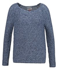Pull en maille bleu à manches longues avec encolure arrondie et motif de points texturés, taille petite, marque Tommy Hilfiger Denim.