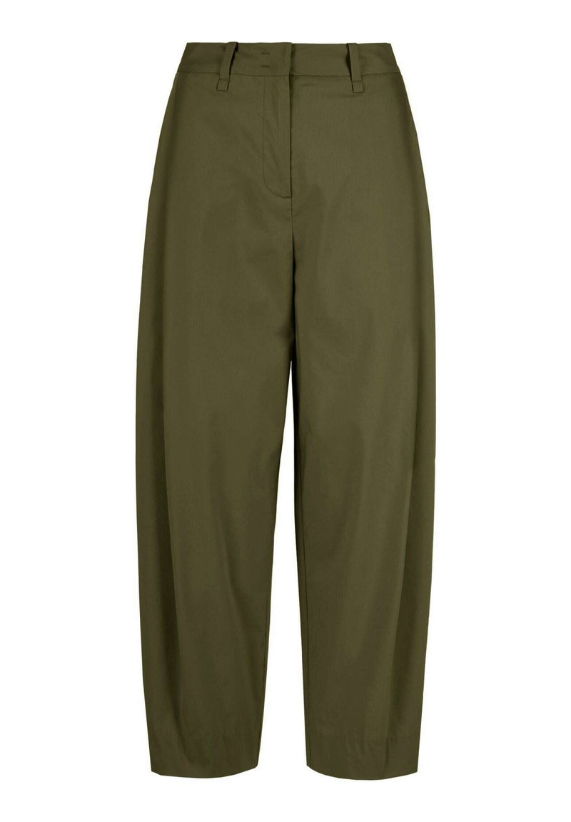 Pantaloni a gamba larga verde oliva con una texture liscia, dotati di zip frontale, passanti per cintura e tasche anteriori, progettati per una vestibilità comoda.