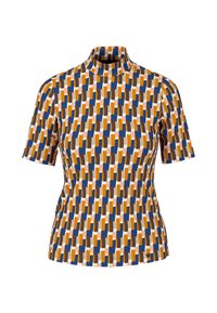 Kurzarm-Turtleneck-Oberteil mit einem geometrischen Muster in Blau, Orange, Weiß und Braun auf einem leichten Stoff.