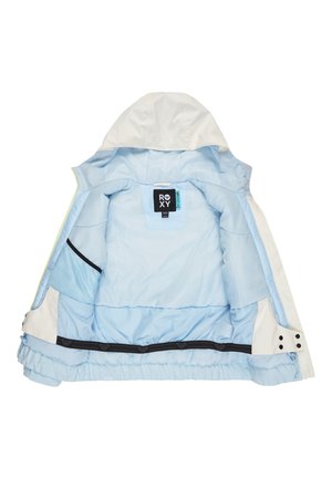 Leichte, weiße und hellblaue Jacke mit Kapuze. Verfügt über ein glattes Innenfutter, einen elastischen Bund und schwarze Akzente. Roxy-Label sichtbar.