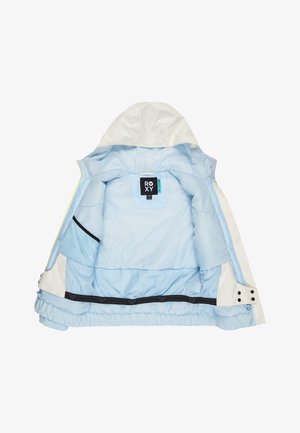 Giacca leggera, bianca e azzurro chiaro con cappuccio. Presenta un rivestimento interno liscio, un elastico in vita e dettagli neri. Etichetta Roxy visibile.