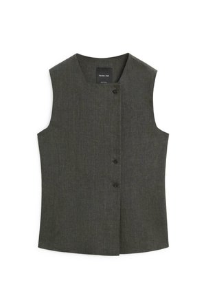 Sleeveless dark gray tailored vest with round neckline and three front buttons, made from textured fabric.