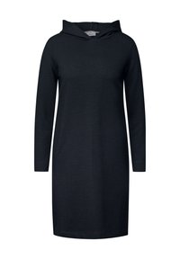 Huvudklänning i mörk marinblå, med långa ärmar och en texturerad tyg. Designen är knälång med en avslappnad passform.