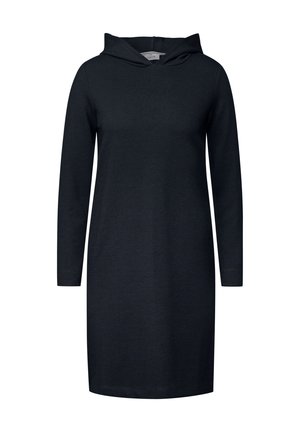 Hoodie šaty v tmavě námořnické barvě, s dlouhými rukávy a texturovanou látkou. Design dosahuje ke kolenům a má uvolněný střih.