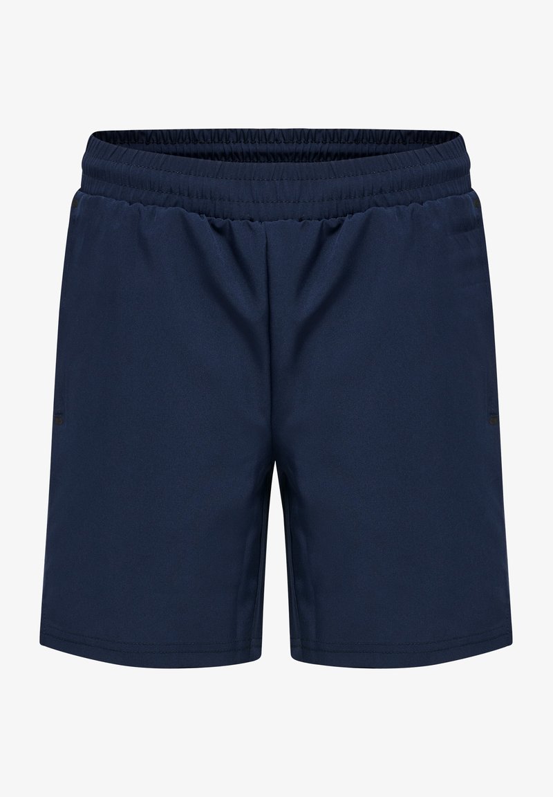 Mörkblå sportshorts med elastisk midja, slät yta och sidofickor. Enkelt design, inga synliga logotyper eller mönster.