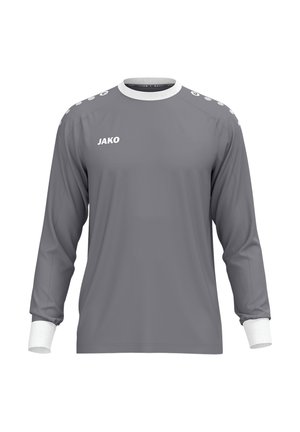 Szara sportowa koszulka z długim rękawem, białymi mankietami, białym okrągłym kołnierzem, logo JAKO na piersi oraz białymi okrągłymi logotypami wzdłuż ramion.