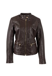 Braune Leder-Bikerjacke mit Reißverschluss vorne, goldfarbener Hardware, Reißverschlusstaschen und gepunkteten Schulterdetails. Elegantes, tailliertes Design.