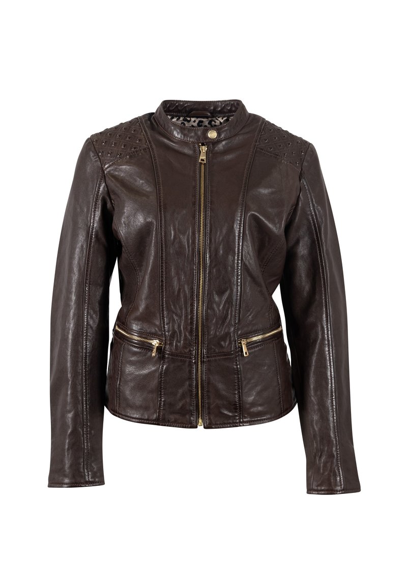 Braune Leder-Bikerjacke mit Reißverschluss vorne, goldfarbener Hardware, Reißverschlusstaschen und gepunkteten Schulterdetails. Elegantes, tailliertes Design.