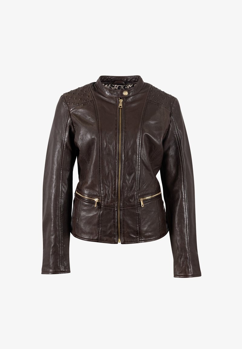Braune Leder-Bikerjacke mit Reißverschluss vorne, goldfarbener Hardware, Reißverschlusstaschen und gepunkteten Schulterdetails. Elegantes, tailliertes Design.