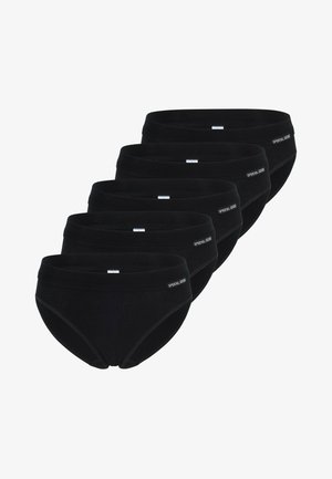 Black cotton briefs with a smooth texture, featuring a low-rise cut, a logo label on the waistband, and multiple pieces in a pack.