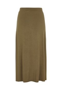 Jupe trapèze simple, vert olive, longueur genou, taille ajustée et tissu lisse non orné, présentée sur fond blanc.