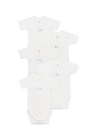 Fem kortermede, omslags-body suits i myk hvit bomull, med subtile gr�å logo-brodere på brystet. Ingen ytterligere mønstre eller detaljer.