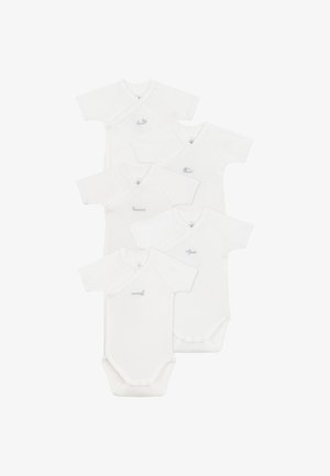 Pieci īsām piedurknēm, apvalka stila bodiji mīkstā baltā kokvilnā, ar smalku pelēku logo izšuvumu uz krūtīm. Nav papildu rakstu vai detaļu.