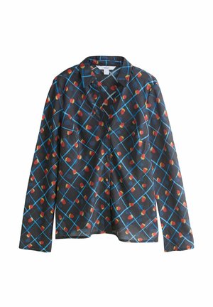 Czarna koszula z długim rękawem w kratę w odcieniach niebieskiego i czerwonego, z małymi żółtymi kwiatami na przecięciach. Lekka tkanina, kołnierzyk.