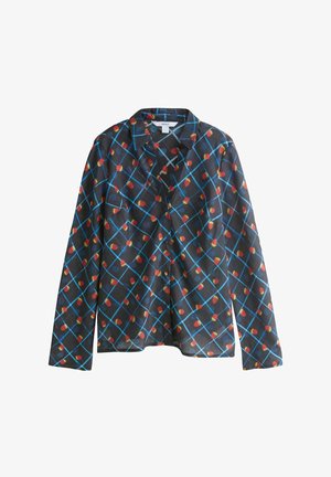 Czarna koszula z długim rękawem w kratę w odcieniach niebieskiego i czerwonego, z małymi żółtymi kwiatami na przecięciach. Lekka tkanina, kołnierzyk.